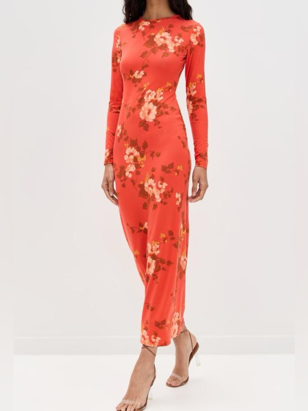Reformation Tommie Knit Floral Long Sleeve Maxi Dress Coral Bloom Size Large